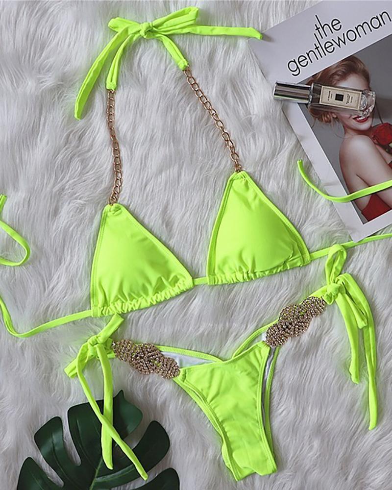 

Hater Chain Strap Rhinestone Decor Bikini Set, Yellow