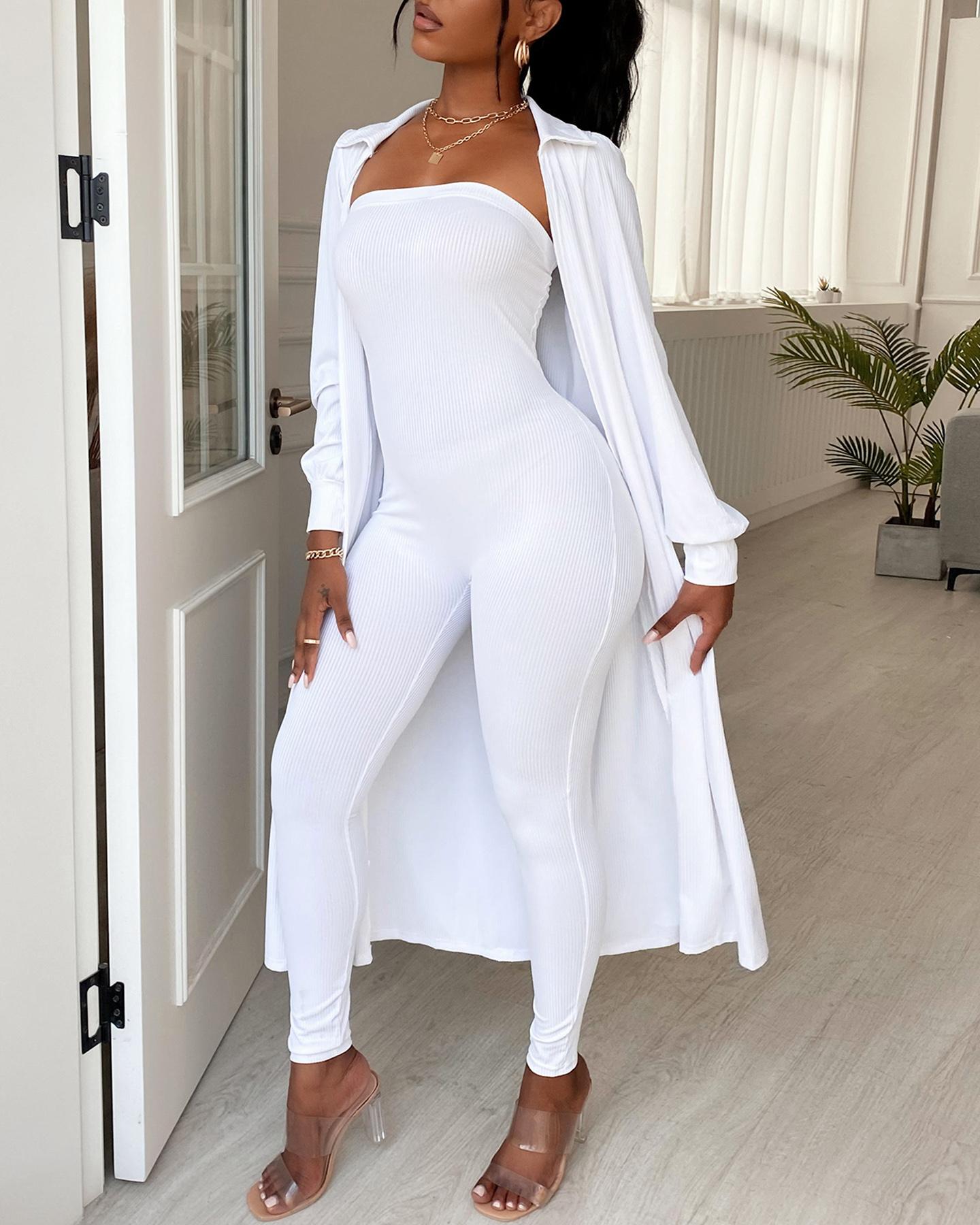 

Bandeau Jumpsuit & Lantern Sleeve Cardigan Set, White