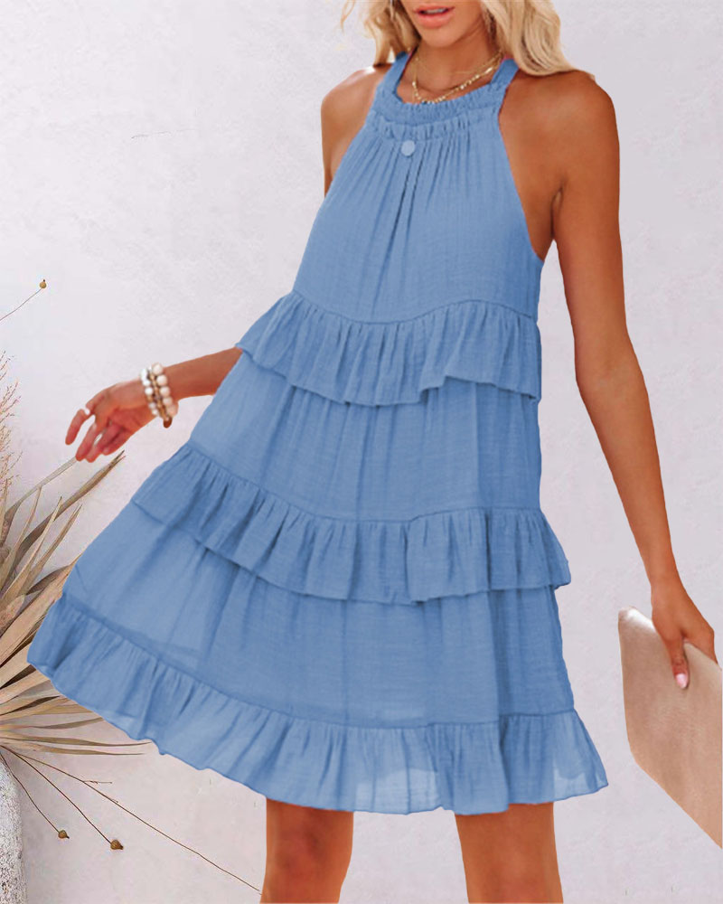 Halter Layered Ruffle Hem Casual Swing Dress