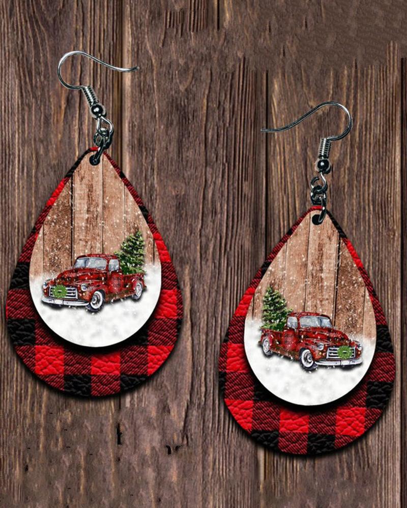 

1Pair Christmas Plaid Car Graphic Water Drop Earrings, Red