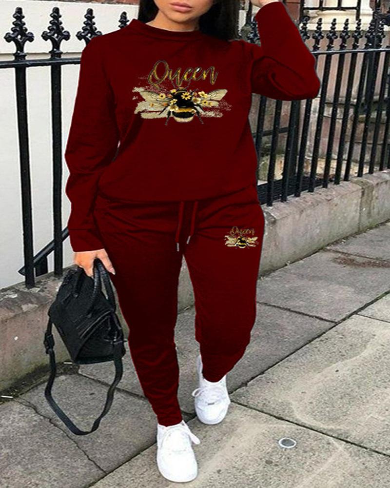 

Plus Size Letter Bee Print Casual Top & Drawstring Pants Set, Wine red