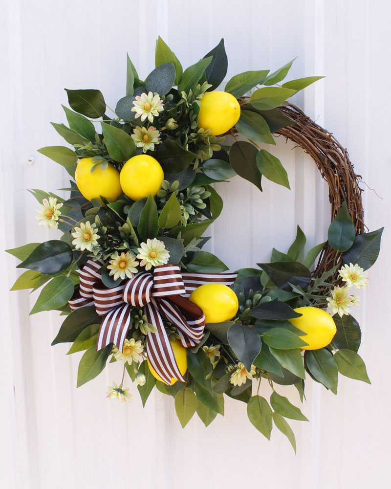 

50cm Handmade Artificial Lemon Wreath Spring Fruit Wreath Green Leaves Bow Decorative Farmhouse Greenery Wreath Garland Front Door Wall Decor, Yellow