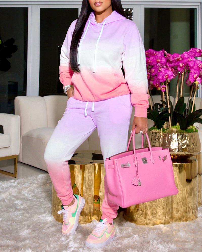 

Ombre Colorblock Hooded Sweatshirt & Pocket Design Pants Set, Purple
