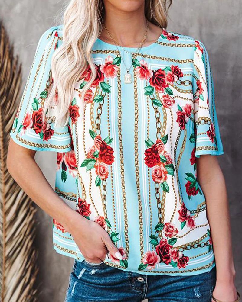 

Floral Print Short Sleeve Loose T-shirts, Blue