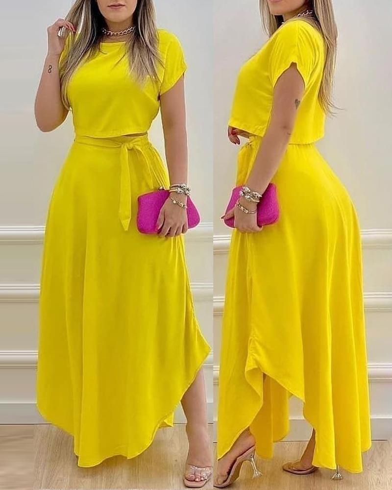 

Short Sleeve Top & High Waist Tied Detail Skirt Set, Yellow
