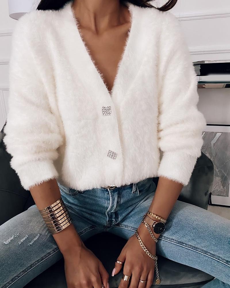 

Button Decor Fluffy Cardigan, White