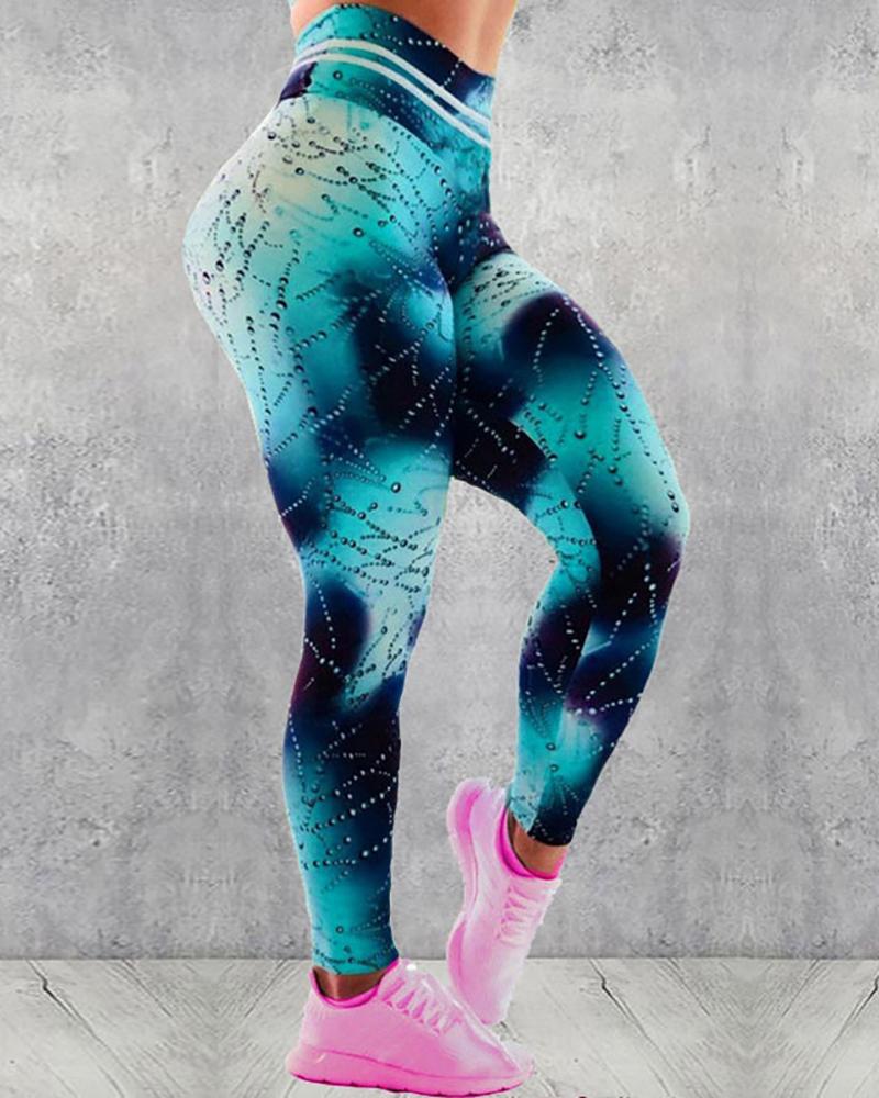 

Waterdrop Print High Waist Butt Lifting Tummy Control Yoga Pants, Blue