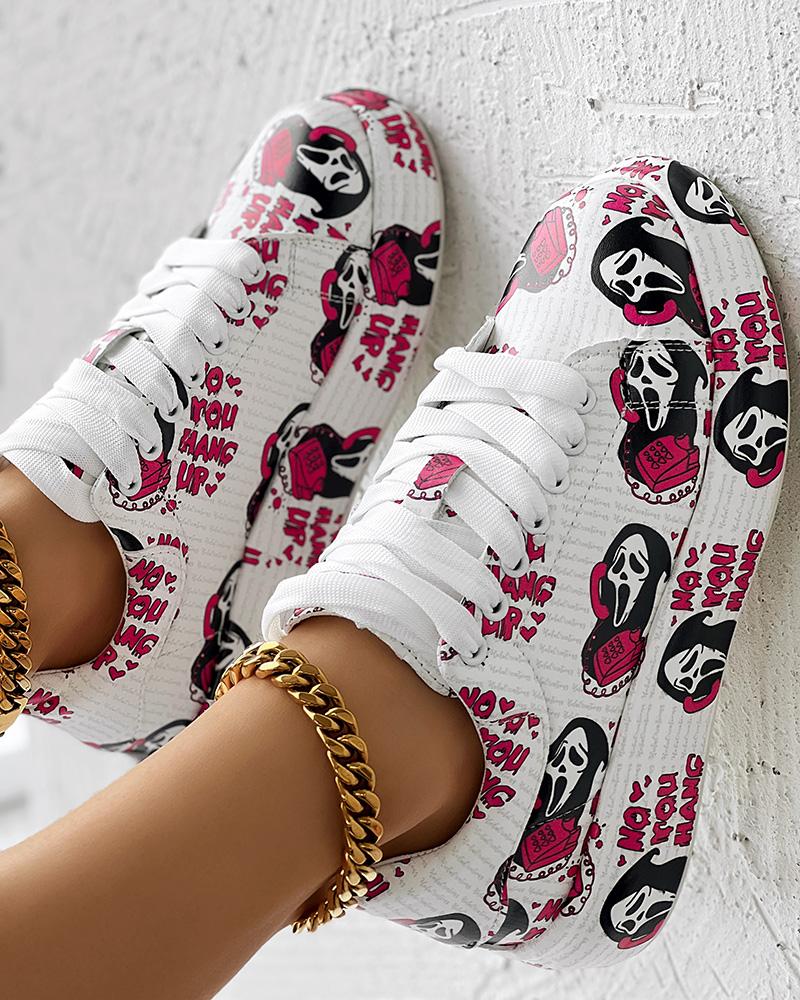 

Halloween Ghost Letter Print Lace-up Platform Sneakers, White