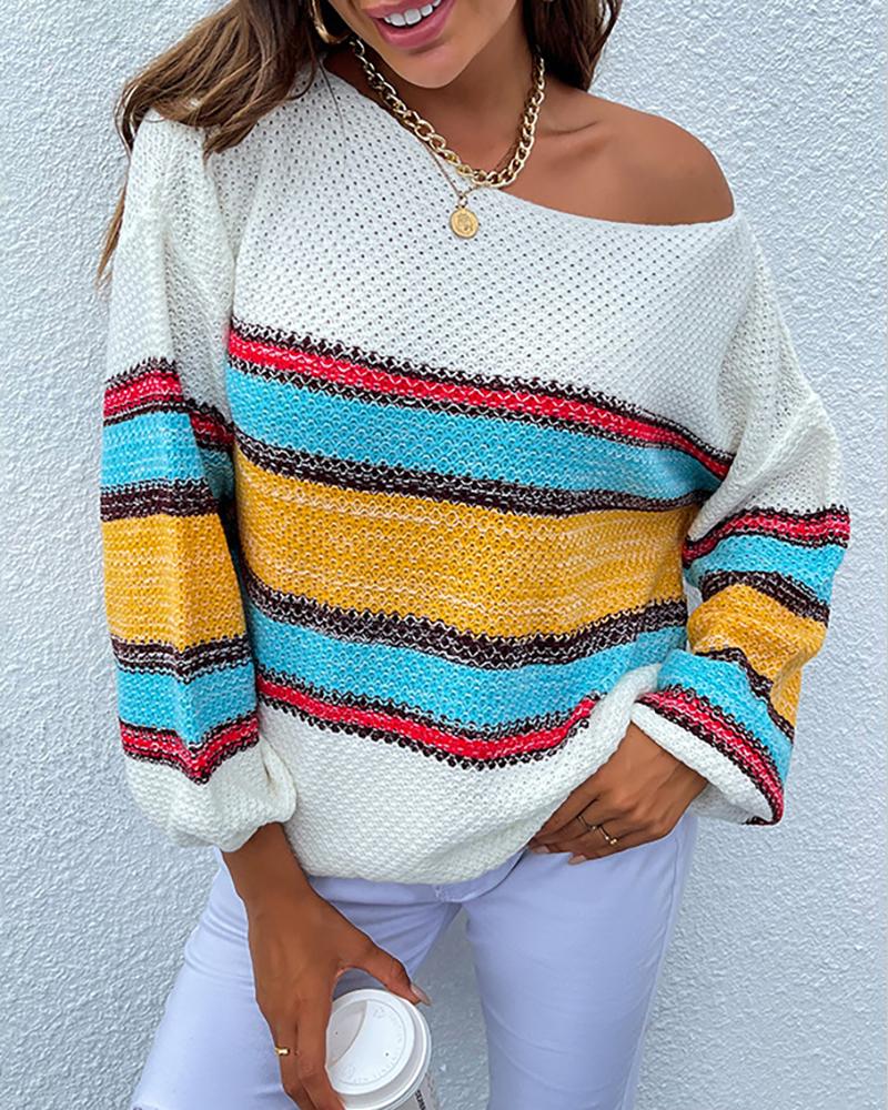 

Striped Colorblock Long Sleeve Casual Sweater, Yellow