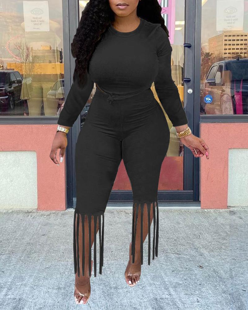 

Solid Crop Top & Fringe Hem Pants Set, Black