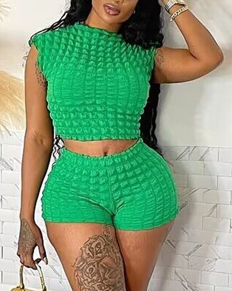 

Textured Cap Sleeve Crop Top & Shorts Set, Green