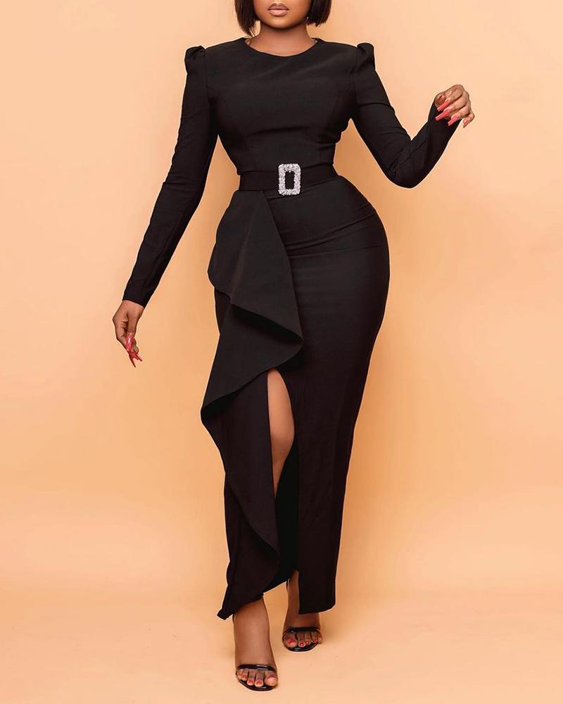 

Long Sleeve Ruffle Hem Slit Maxi Dress Without Belt, Black