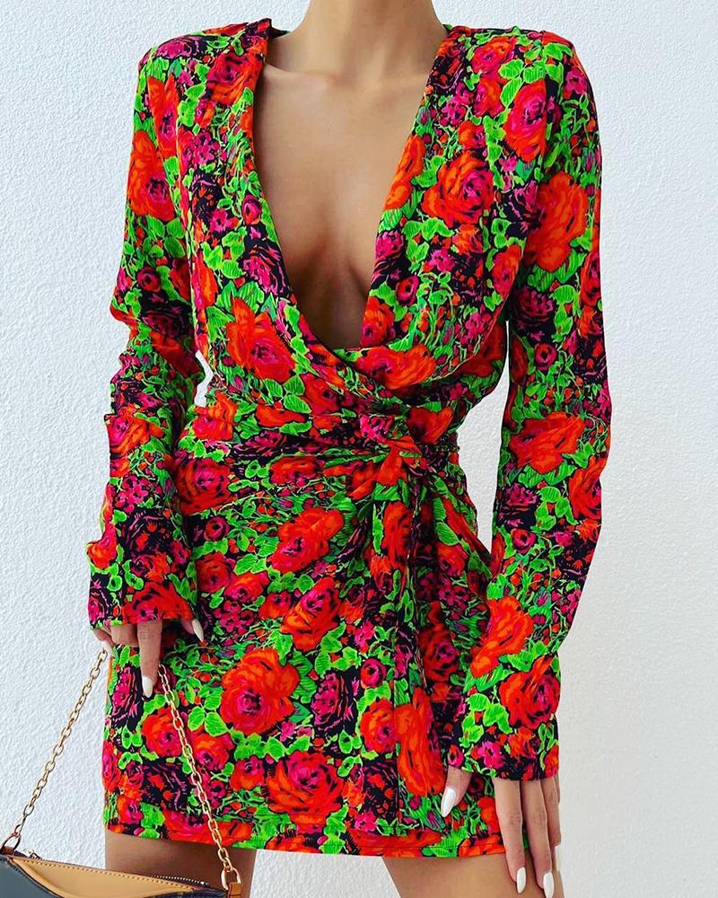 Floral Print Plunge Knotted Dress