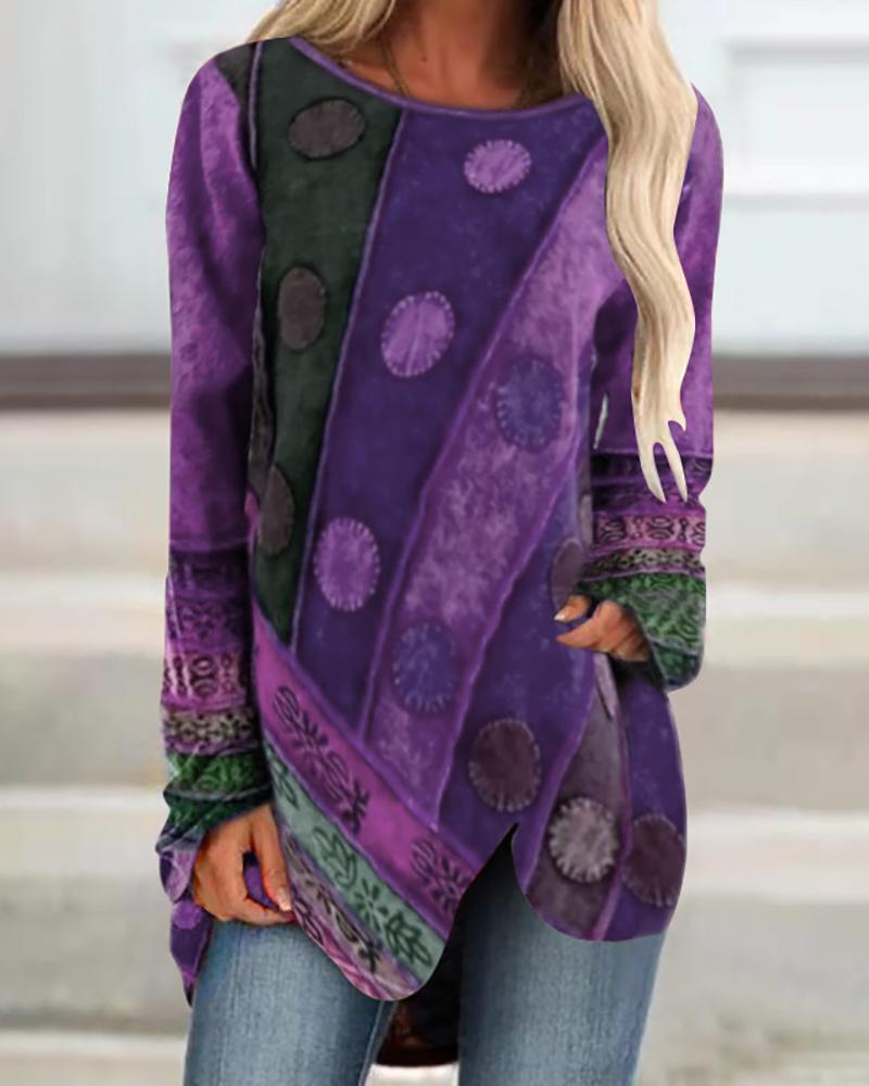 

Graphic Print Irregular Long Sleeve Casual Top, Purple
