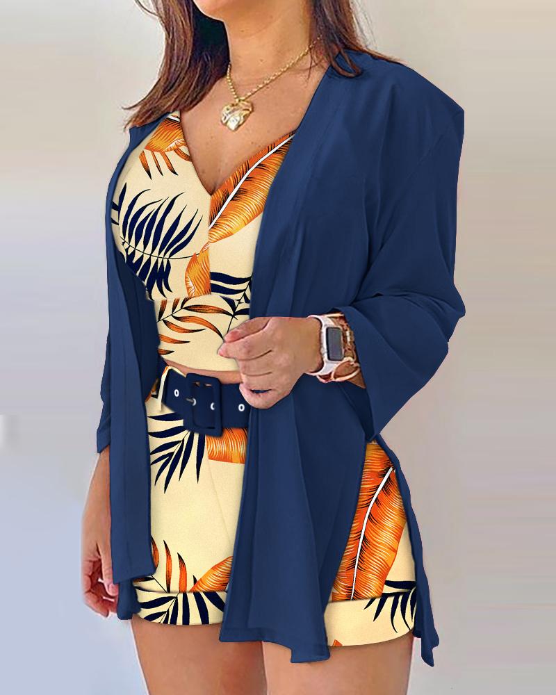 

3PCS Plants Print Cami Top & Shorts & Coat Set With Belt, Blue