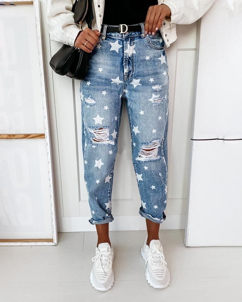 

Ripped Star Print High Waist Jeans, Blue