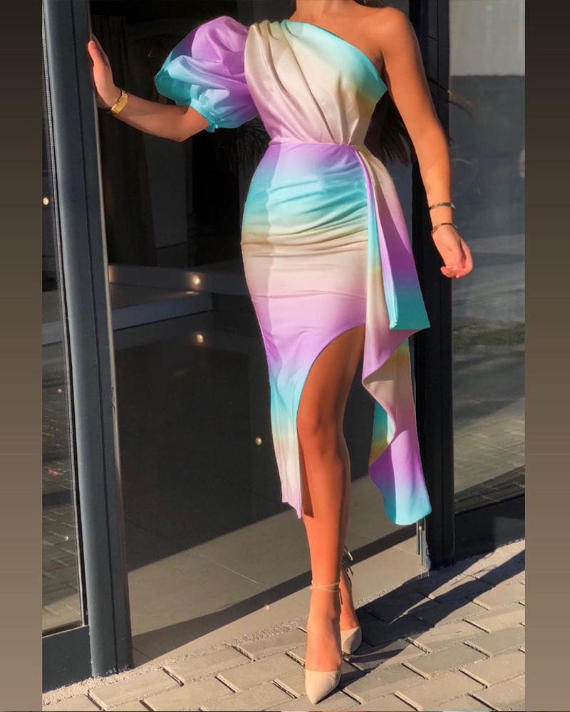 

Ombre One Shoulder Puff Sleeve Split Thigh Party Dress, Multicolor