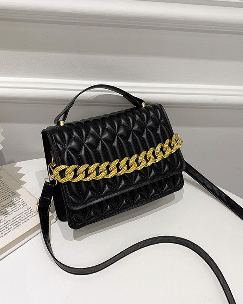 

Chain Decor Quilted Flap Shoulder Bag With Handle, Black
