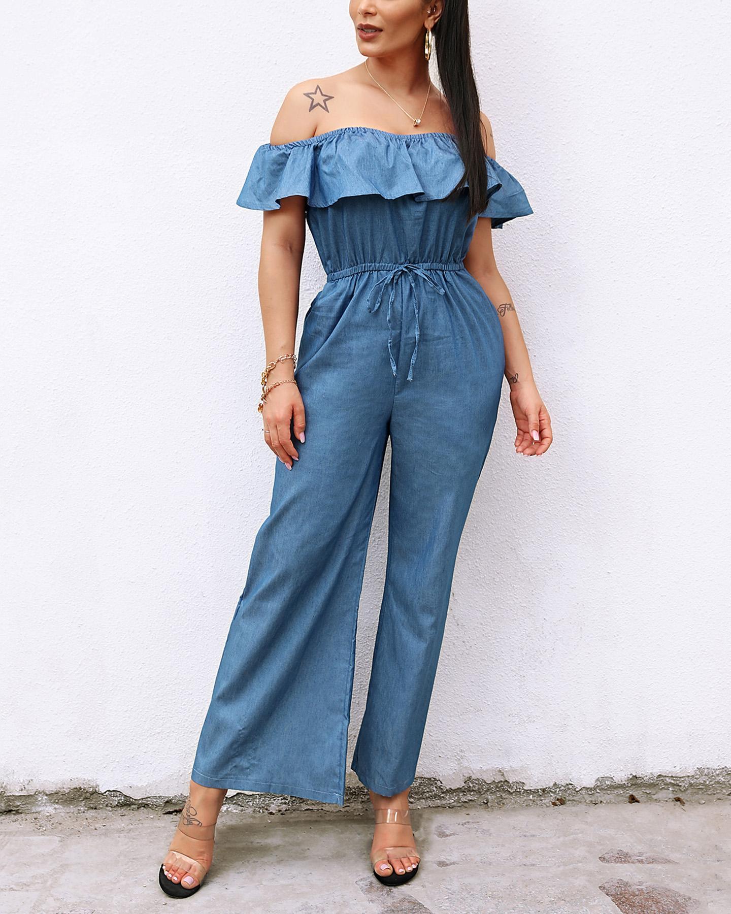 

Off Shoulder Drawstring Wide Leg Denim Jumpsuit, Blue