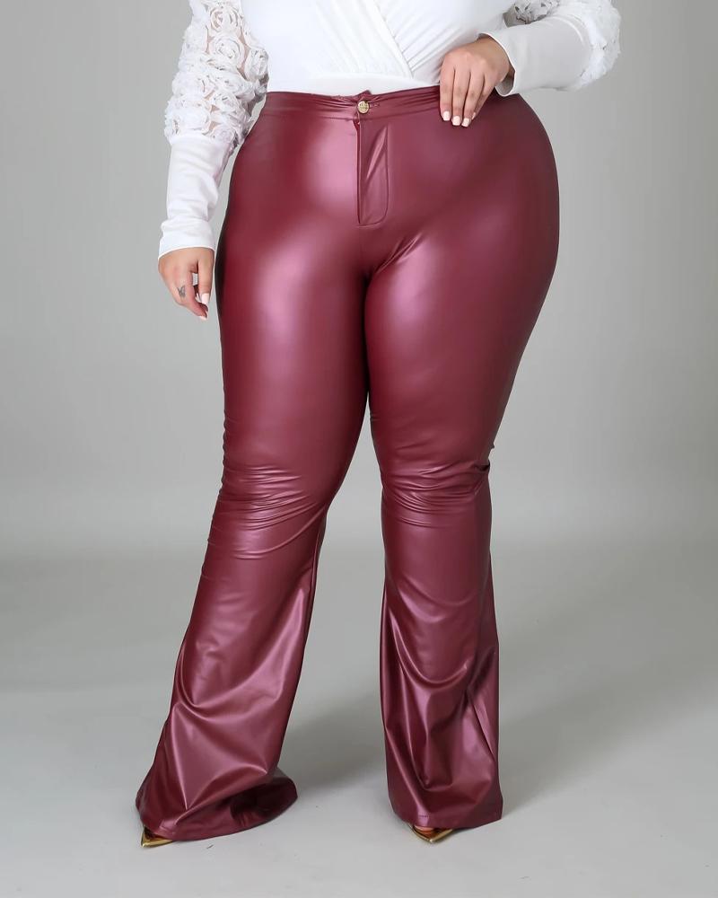 

Plus Size Zip Fly PU Leather Flared Leg Pants, Wine red