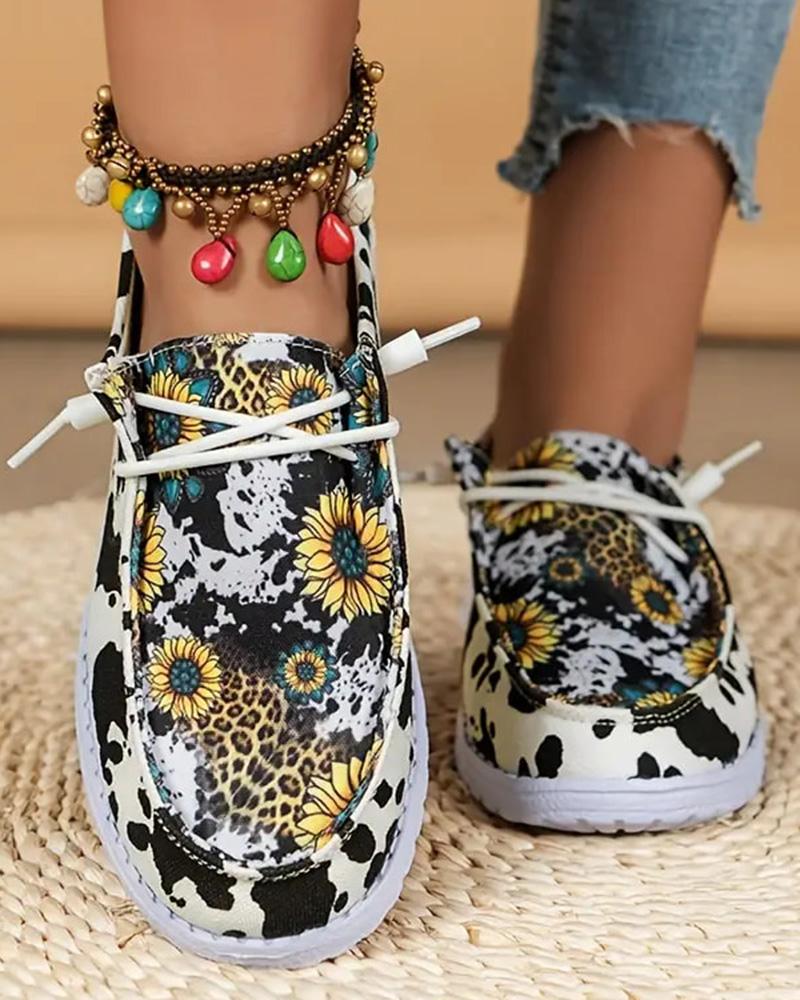 

Sunflower Print Lace-up Casual Slip-on, Blackwhite