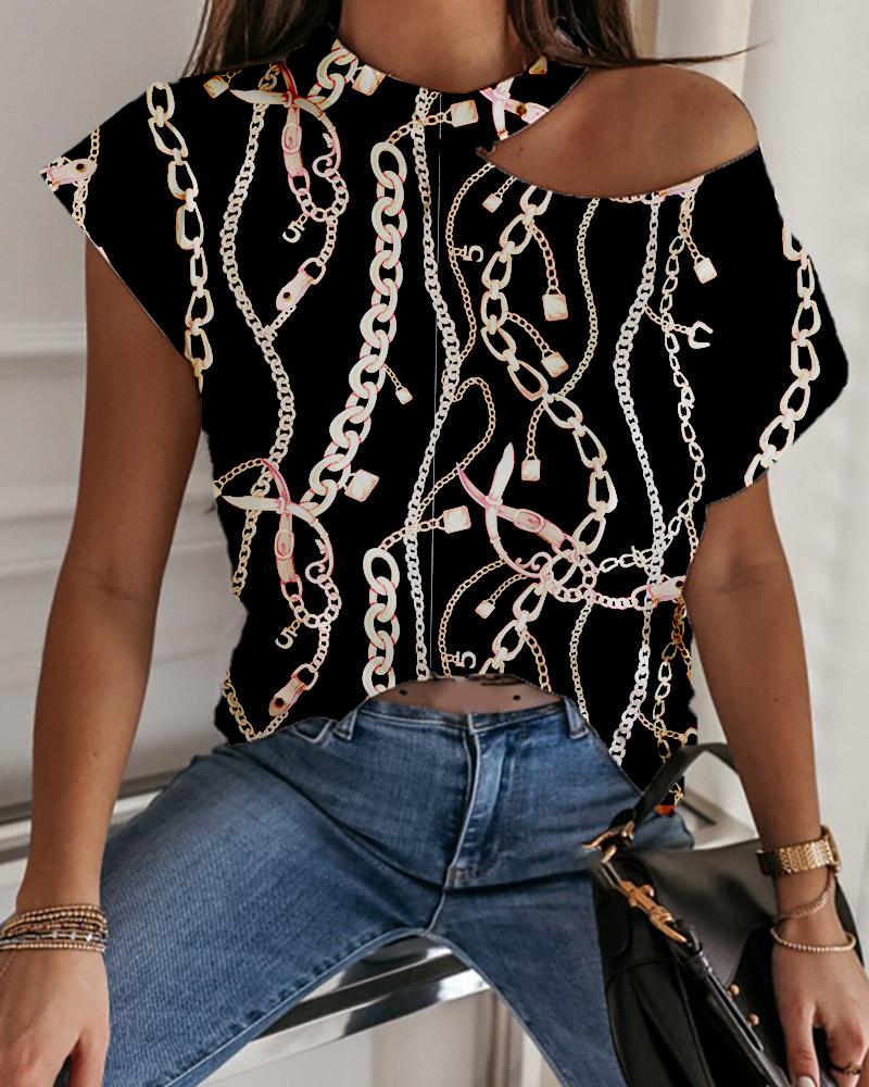 

Chain Print Cold Shoulder T-Shirt, Black