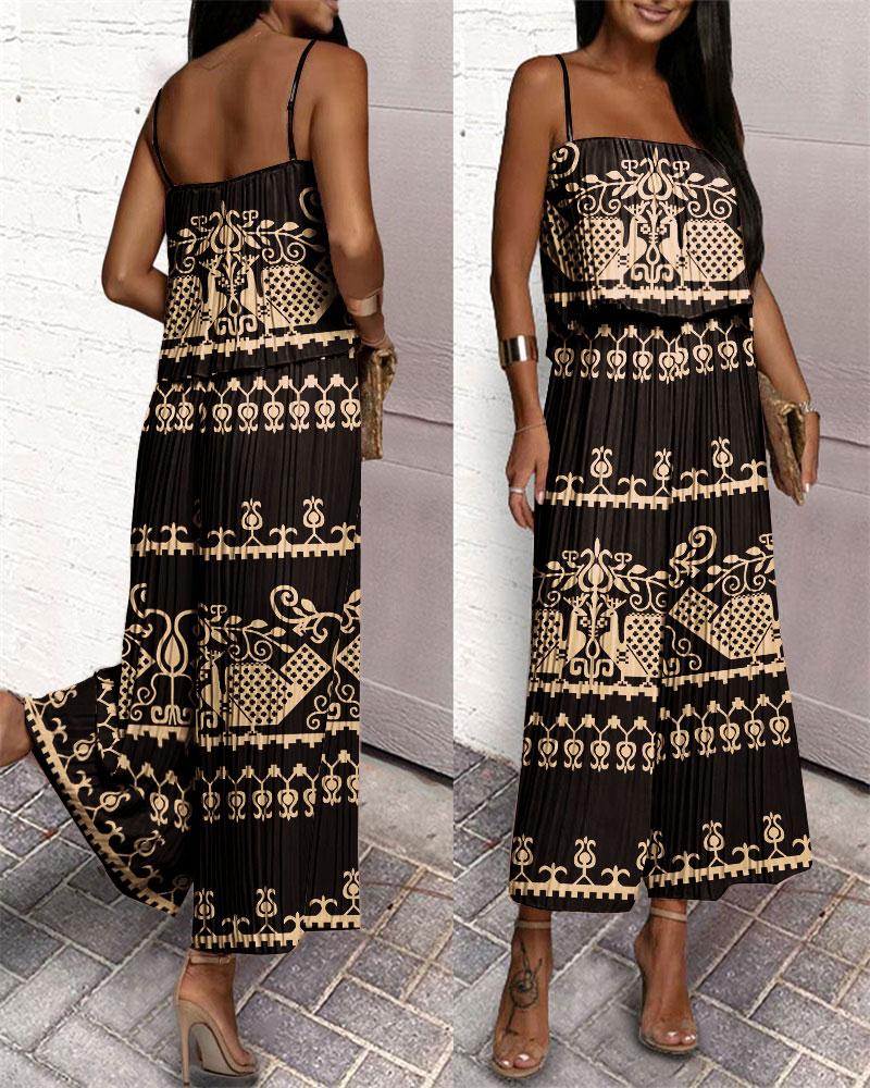 

Tribal Print Ruffle Hem Pleated Wide Leg Jumpsuit, Black