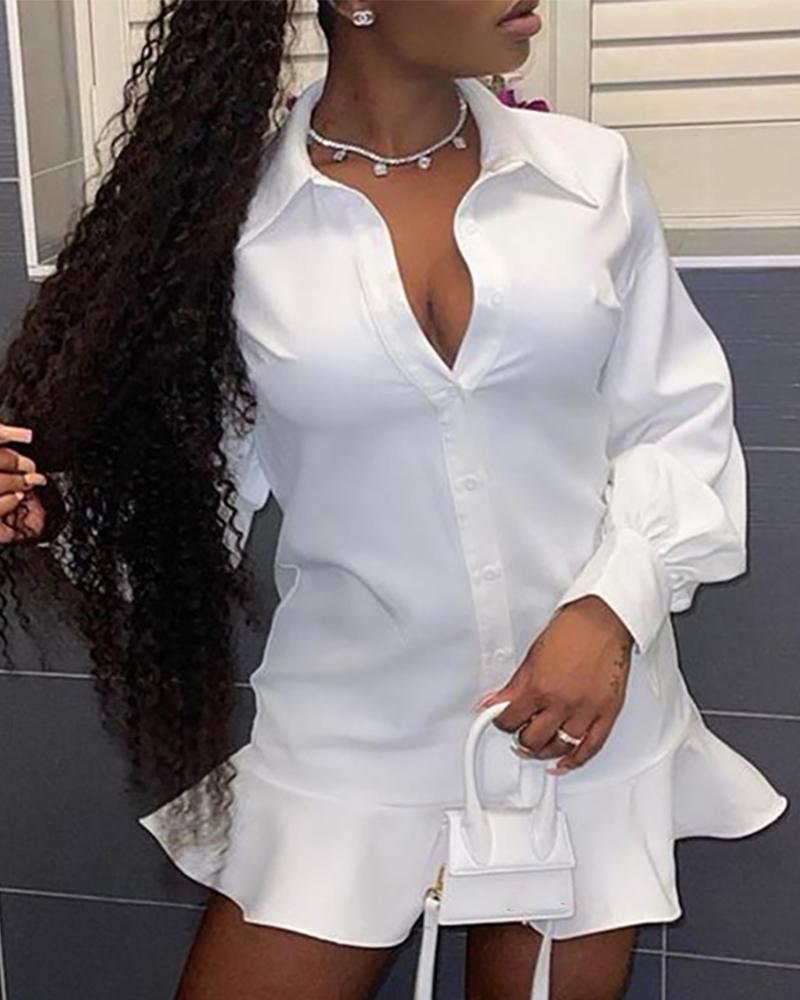 

Ruffle Hem Lantern Sleeve Buttoned Shirt Dress, White