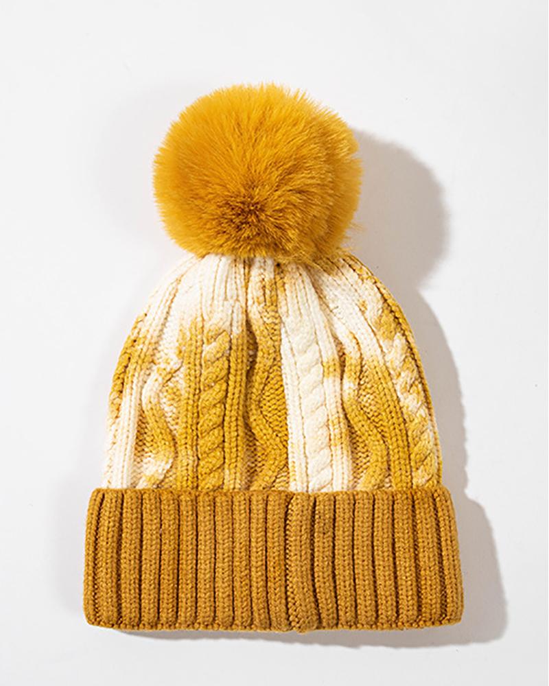 

Tie Dye Print Pom Pom Decor Knit Braided Beanie, Yellow