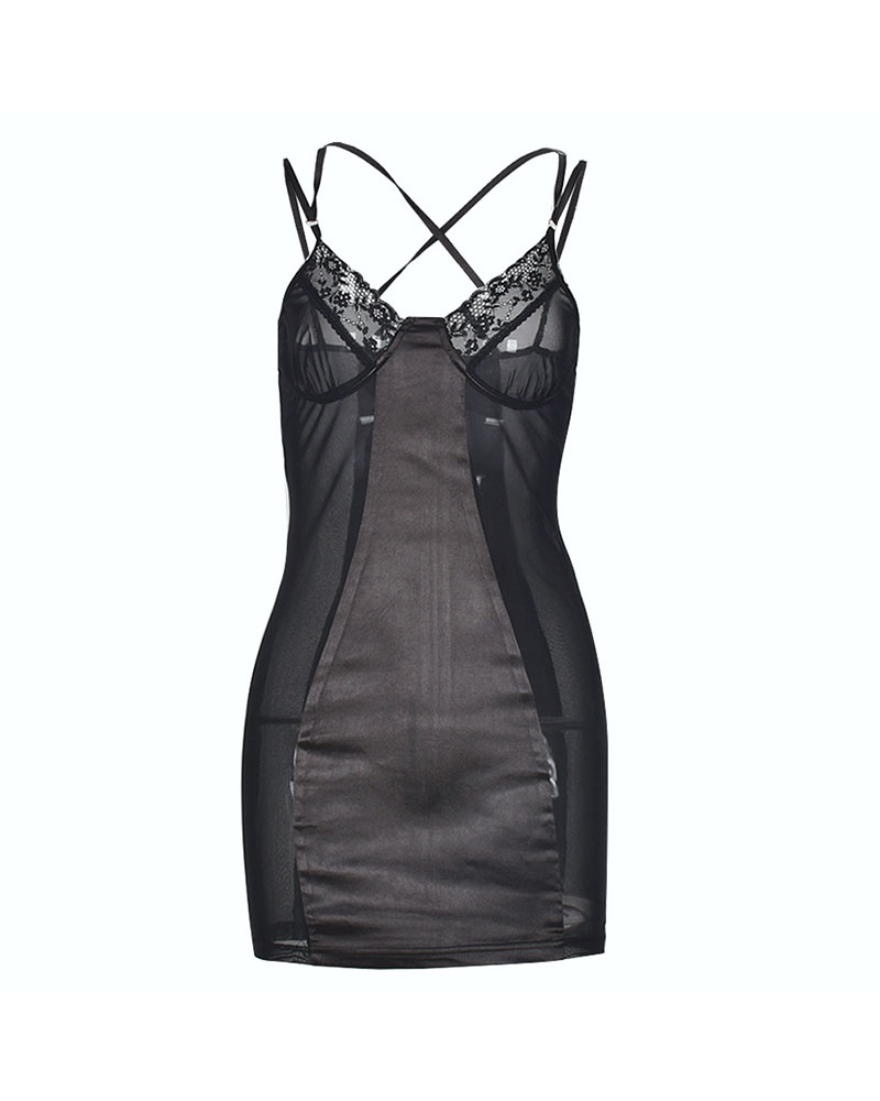 

Criss Cross Contrast Lace Sheer Mesh Bodycon Dress, Black