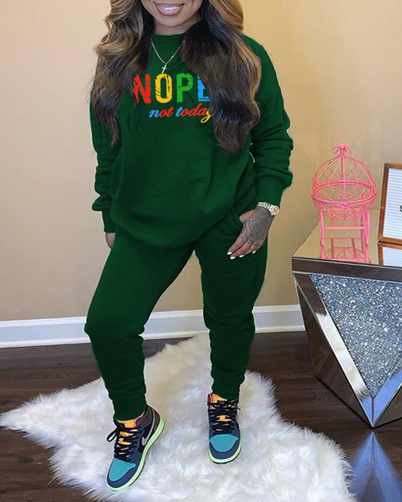 

Plus Size Letter Print Long Sleeve Casual Top & Pants Set, Green