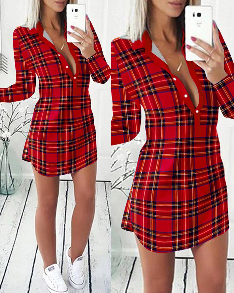 

Plaid Print Turn-down Collar Buttoned Shirt Dress, Red