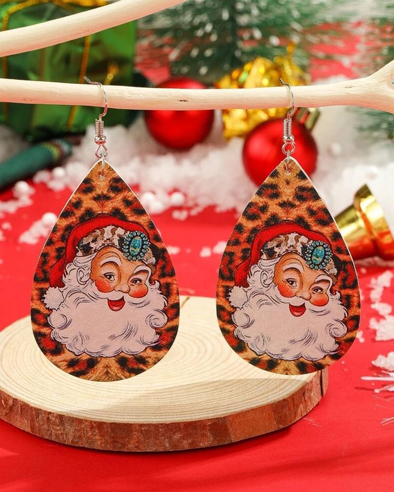 

1Pair Christmas Cheetah Santa Water Drop Earrings, Red