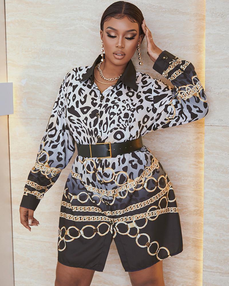 

Plus Size Leopard Chain Print Slit Long Sleeve Shirt Dress