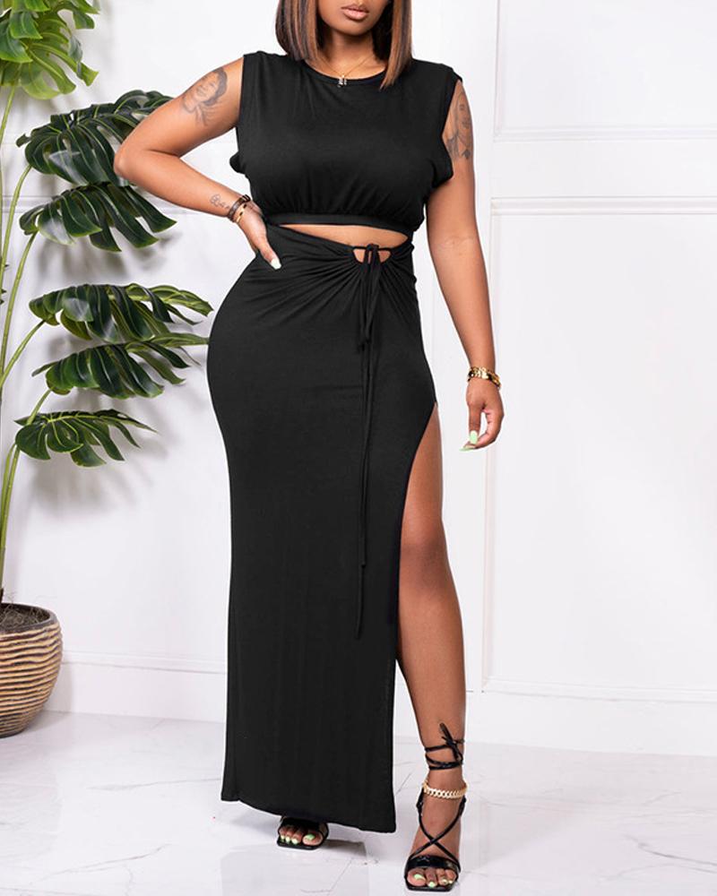 

Plain Crop Top & Drawstring High Slit Skirt Set, Black