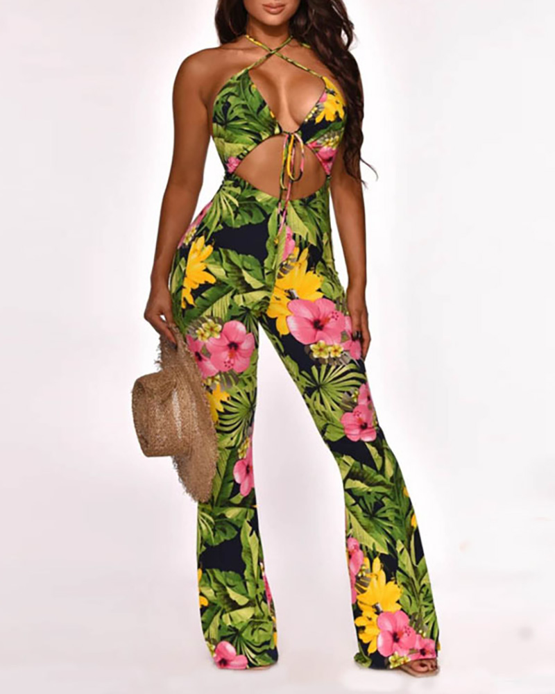 Tropical Print Backless Cutout Bootcut Jumpsuit