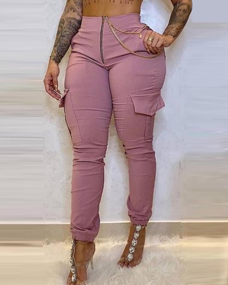 

Zip Front Pocket Design High Waist Casual Pants, Pink