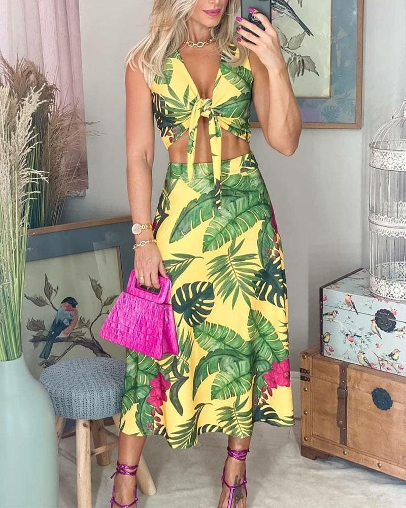 

Tropical Print Knot Front Crop Top & Skirt Set, Yellow
