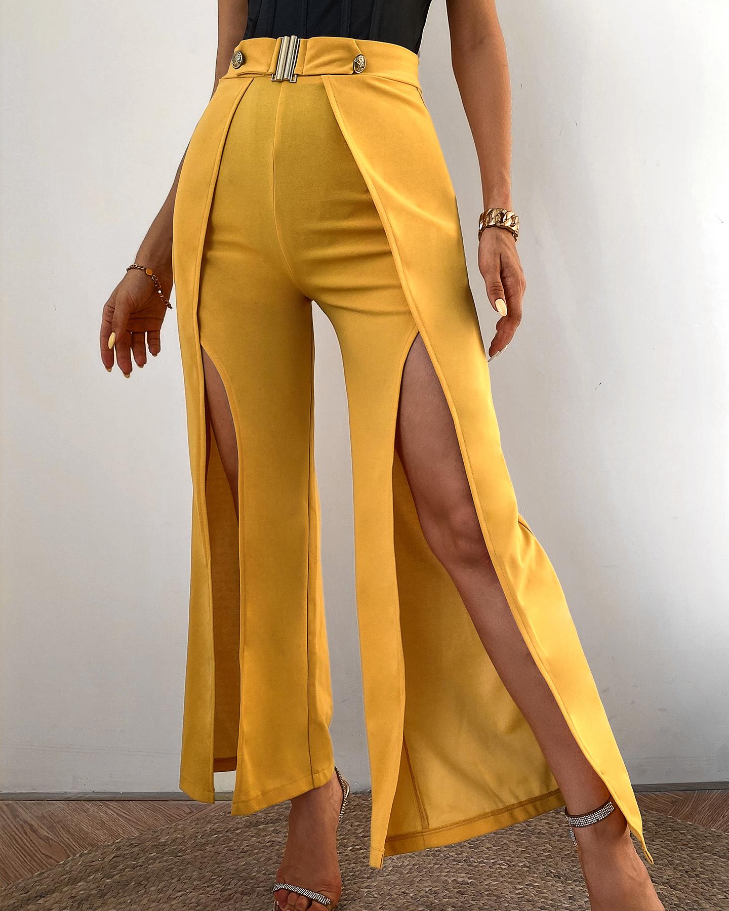 

Plain High Waist Slit Wide Leg Pants, Dark yellow