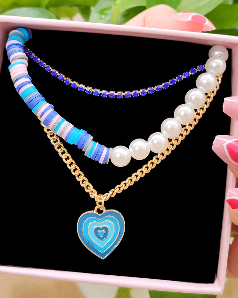 

3pcs Heart Pendant Beaded & Rhinestone Layered Necklace, Blue