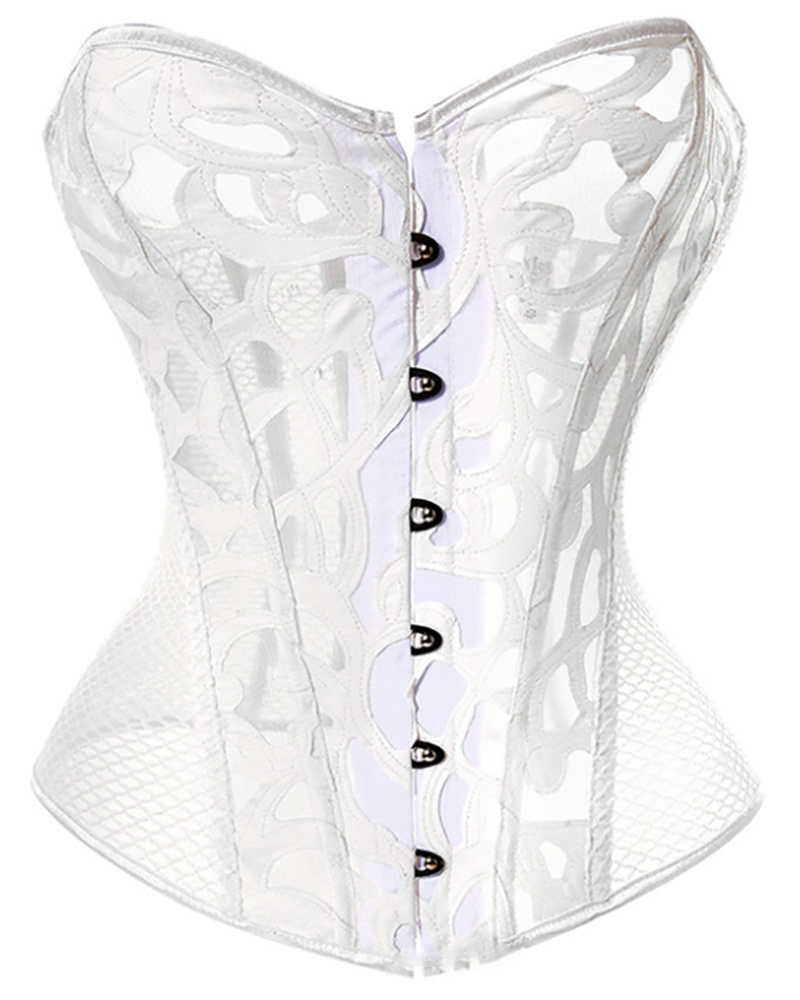 

Sheer Mesh Fishnet Buttoned Skinny Corset, White