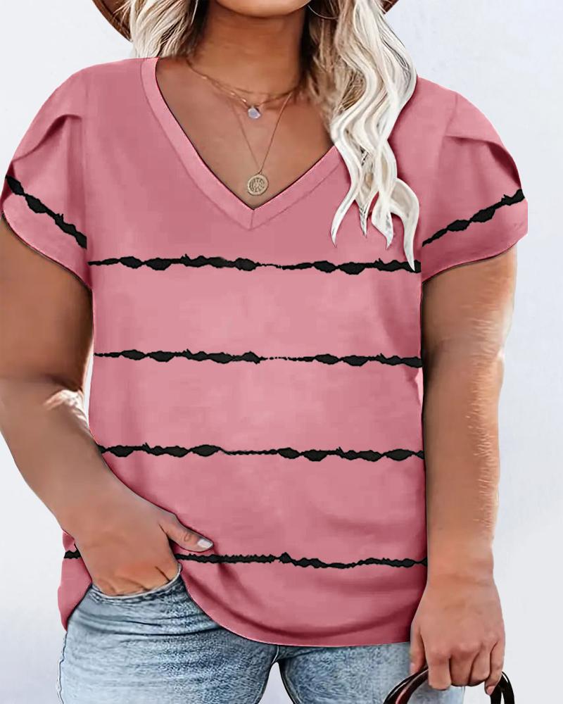 

Plus Size Tie Dye Print Petal Sleeve V-Neck T-Shirt, Pink