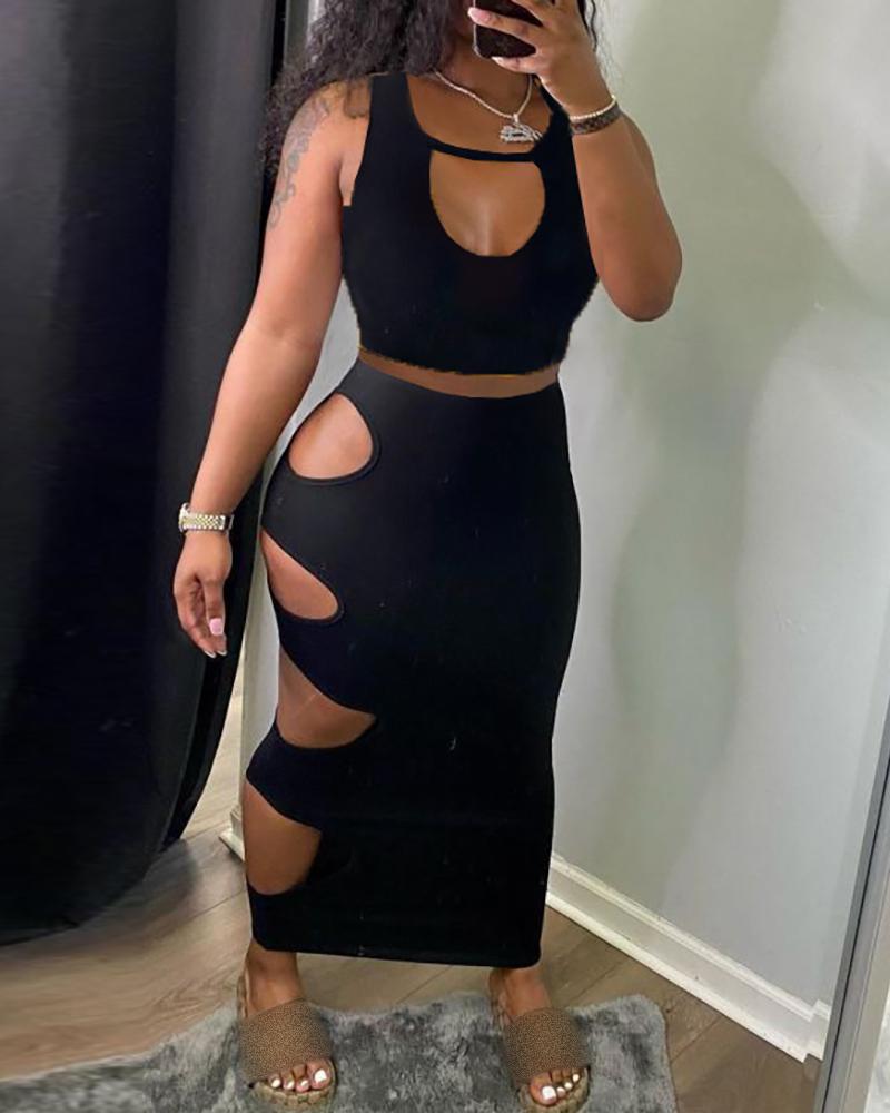 

Cutout Front Tank Top & Maxi Skirt Set, Black