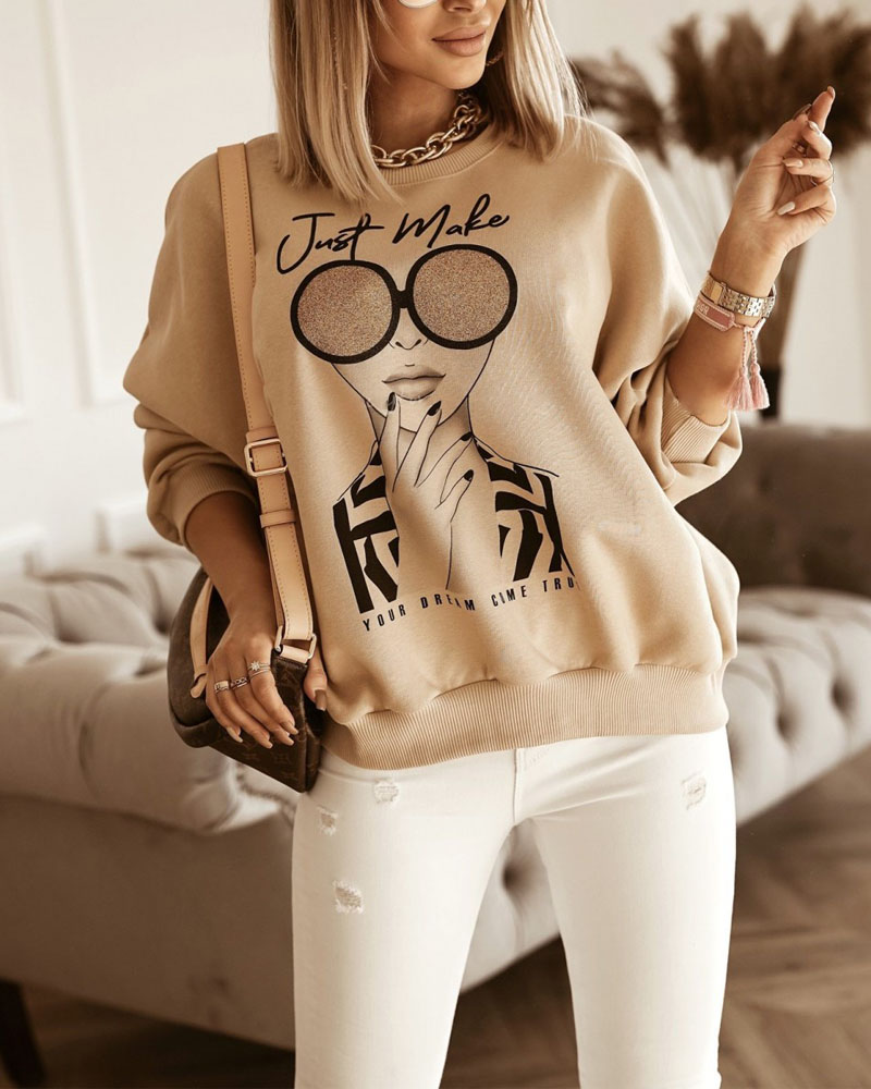 

Letter Figure Print Drop Shoulder Sweatshirt, Apricot
