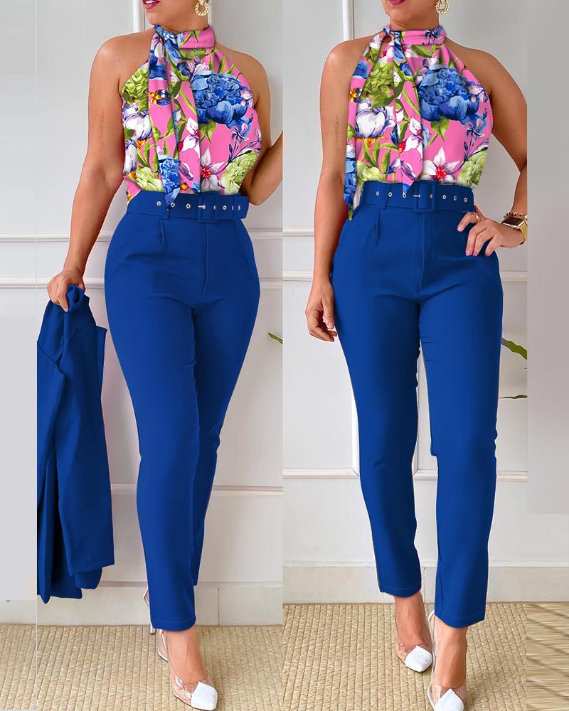 

Floral Print Tie Neck Tank Top & High Waist Pants Set, Multicolor