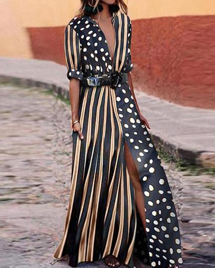 

Polka Dot Striped Print Slit Maxi Dress, Black