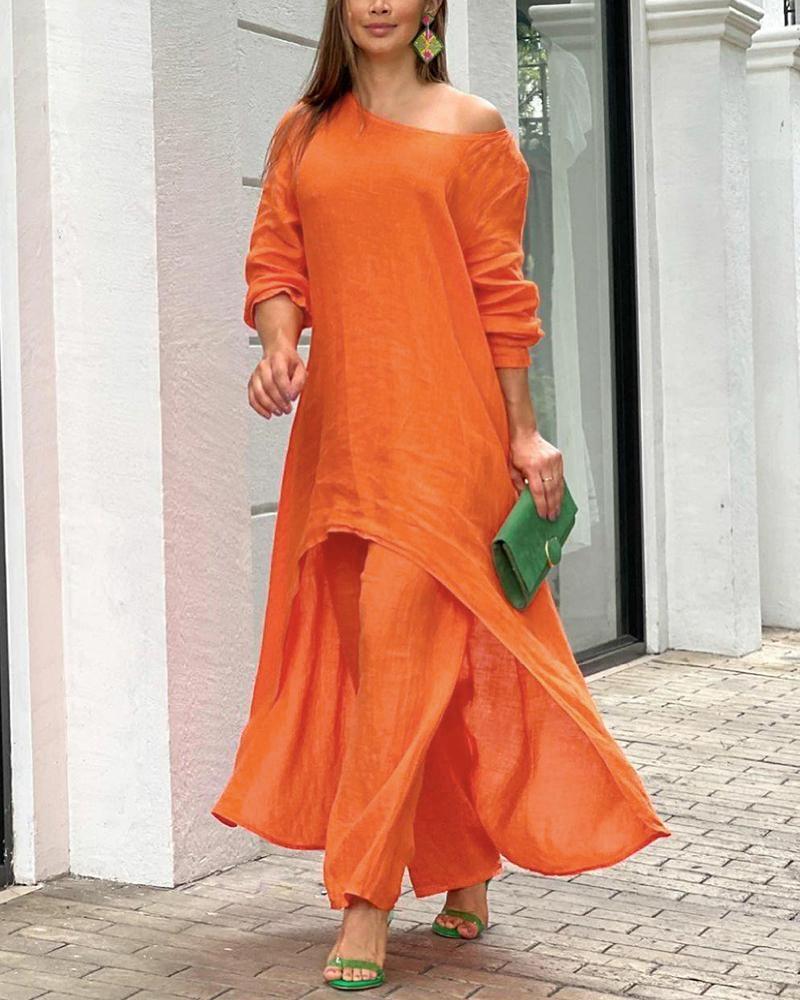 

Plain Asymmetrical Top & Casual Pants Set, Orange