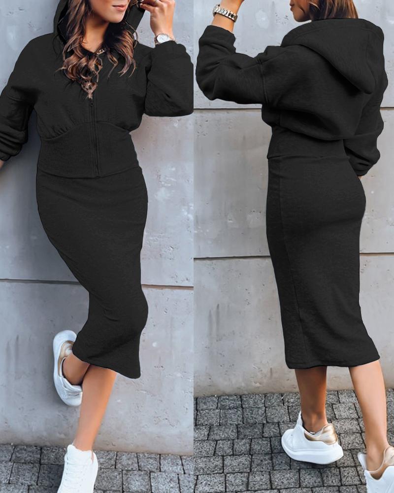 

Zipper Design Hooded Sweatshirt & Skirt Set, Black