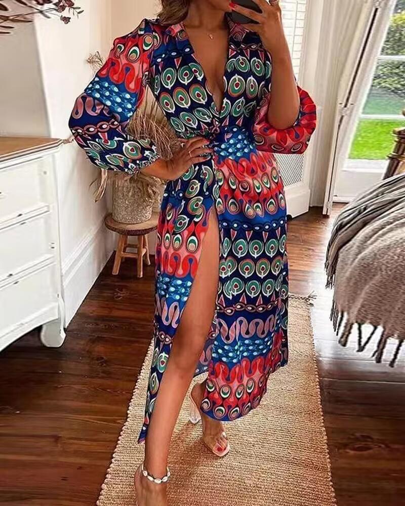 

Geometric Tribal Print High Slit Lantern Sleeve Maxi Dress, Blue