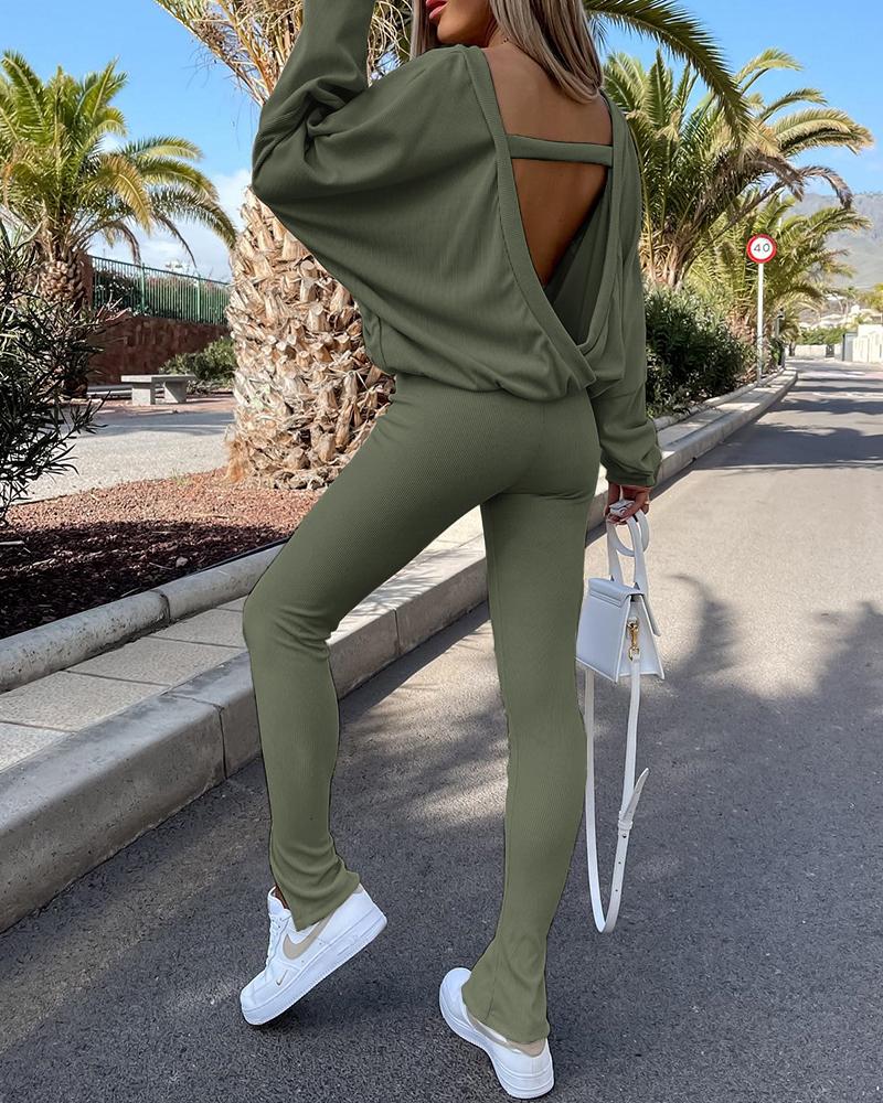 

Lantern Sleeve Backless Casual Top & Pants Set, Green